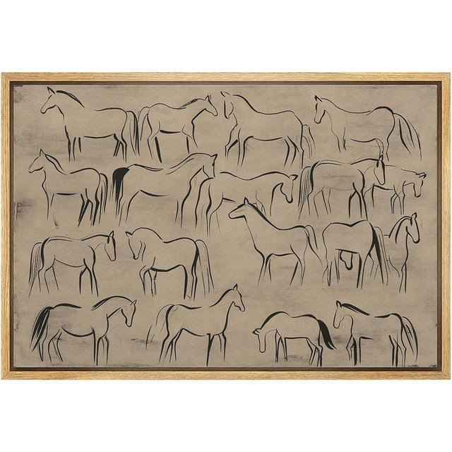 MUDECOR Framed Canvas Print Wall Art Abstract Horse Sketch Collection on Beige Minimalist Illustrations Digital Art Decorative Bohemian Contemporary for Bedroom - 24"x36" Natural