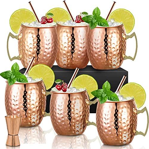 Moscow Mule Copper Mugs- Set of 6 Copper Plated Stainless Steel Mug 18oz, for Chilled Drinks (6 Pack)