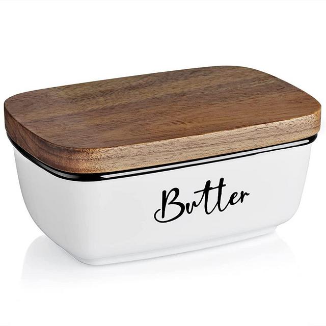 Farmhouse Butter Dish, ALELION Large Ceramic Butter Dish with Lid for Countertop, Vintage Butter Keeper with Wooden Lid, for Home Kitchen Decor, Butter Container Holds Two Sticks of Butter, White
