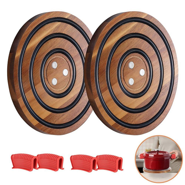 2 Pcs Magnetic Wooden Trivets, Acacia Wood with Black Silicone Rings, Magnetic Pot Holder for Le Creuset Enameled Cast Iron Dutch Oven & Cast Iron Skillets, Wood Trivet