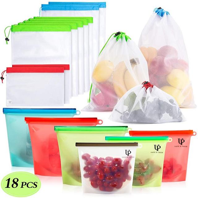 Silicone Food Storage Bags and Reusable Mesh Bags, Set of 6 Food Containers and 12 Produce Bags, Leakproof Food Preservation Bags with Airtight Seal For Meat, Vegetables, Snacks, Left Overs, Lunch