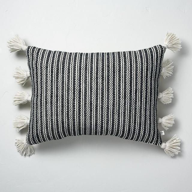 14" x 20" Woven Stripes Indoor/Outdoor Throw Pillow Black/Sour Cream - Hearth & Hand™ with Magnolia