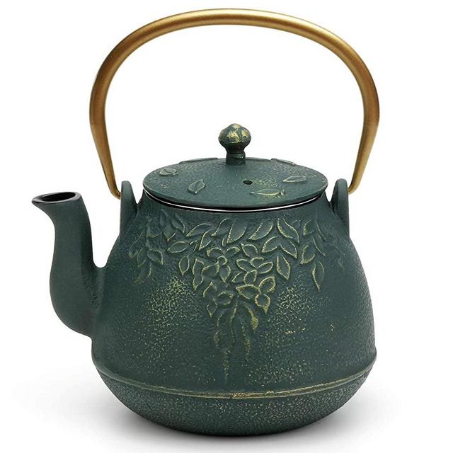 Tea Kettle, TOPTIER Japanese Cast Iron Teapot with Infuser, Leaf Design Cast Iron Tea Pot Stovetop Safe Coated with Enameled Interior for 40 Ounce (1200 ml), Dark Green