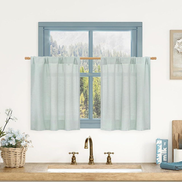 LAMIT Linen Curtains 24 Inch Length for Cafe, Light Filtering Linen Textured Panels Rod Pocket Boho Short Camper Drapes for RV Basement/Small Windows, 2 Panels, 29 x 24 Inch, Light Blue