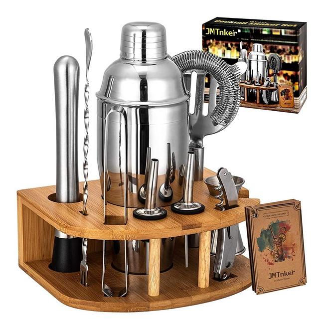 Cocktail Shaker Set with Stand | Perfect Bartender Kit for Home and Bar-Bar Tools set: 24oz Martini Shaker, Muddler, Jigger, Strainer, Mixer Spoon, Tongs, Corkscrew, 2 Liquor Pourers, Recipes Cards