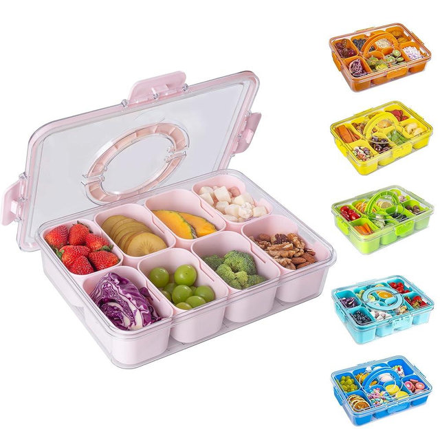 WACOI Divided Snack Serving Tray with Lid and Handle Travel Snackle Charcuterie Container Portable Storage Organizer for Candy, Fruits, Nuts, Snacks, Party, Picnic (1pack, Pink)