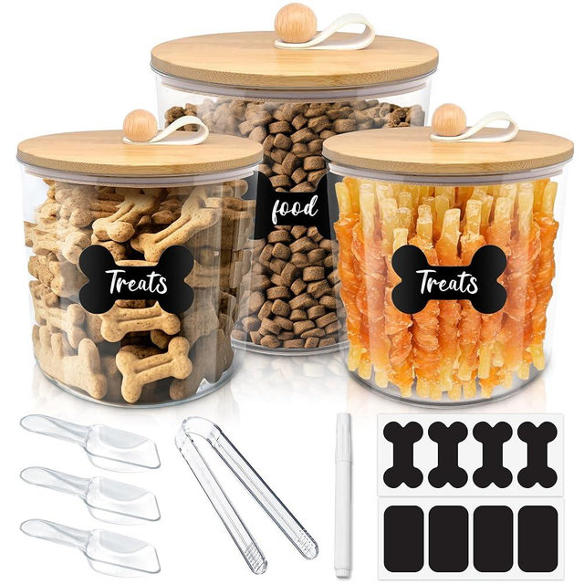 HOYTAMDAR 3 Pack Airtight Dog Food Storage Container, Dog Treat Container Dog Food Containers with Bamboo Lids 8x7''&6x5'',Pet Food Storage Container,Cat Food Container with Scoops,Clamp,Labels,Pen