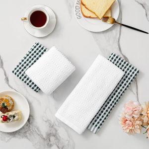 SALAS Cotton Dish Towels Cloths for Kitchen Drying Dishes, Lattice Terry Kitchen Towels, Highly Absorbent Cloths with Hanging Loop, 16‘’ x 26‘’, 4 Packs, Green and White