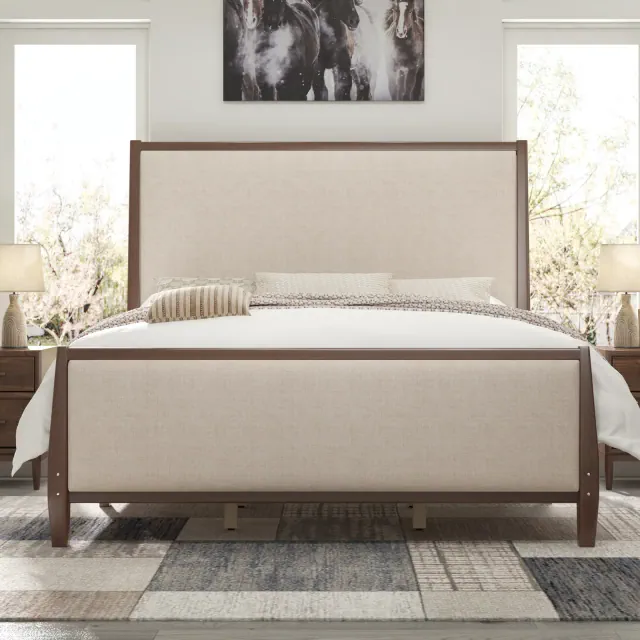 AMERLIFE California King Solid Wood Bed Frame with Upholstered Headboard & Footboard, 58" Tall Platform Bed, Dark Walnut