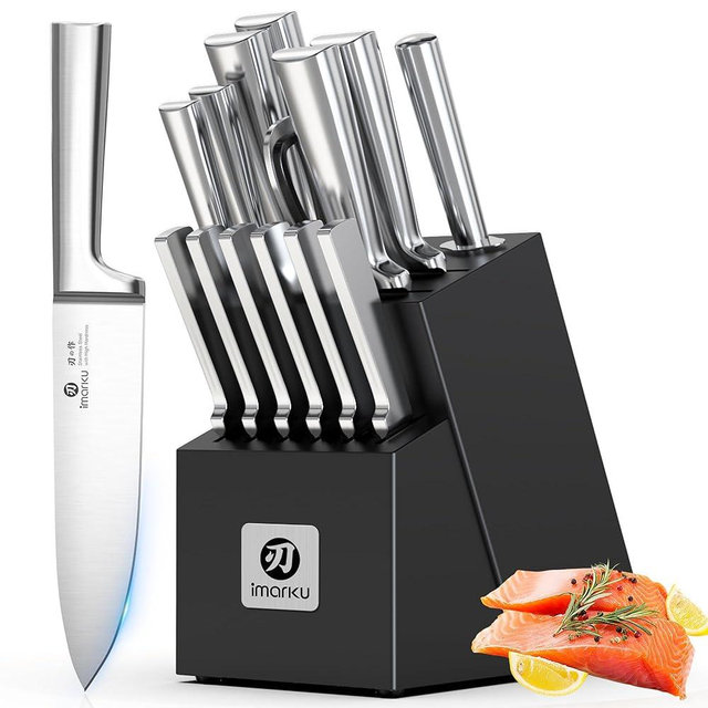 imarku 15-Piece Knife Block Set Built-in Sharpener, Japanese High Carbon Stainless Steel Kitchen Knife Set, Dishwasher Safe, Chef Knife Set with Wooden Knife Block, Steak Knives for Kitchen Cooking