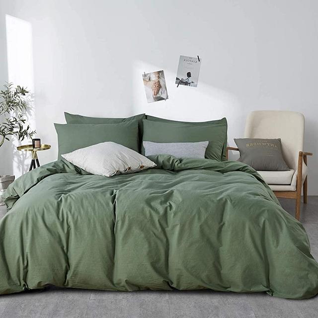 JELLYMONI Green 100% Washed Cotton Duvet Cover Set, 3 Pieces Luxury Soft Bedding Set with Zipper Closure. Solid Color Pattern Duvet Cover Queen Size(No Comforter)