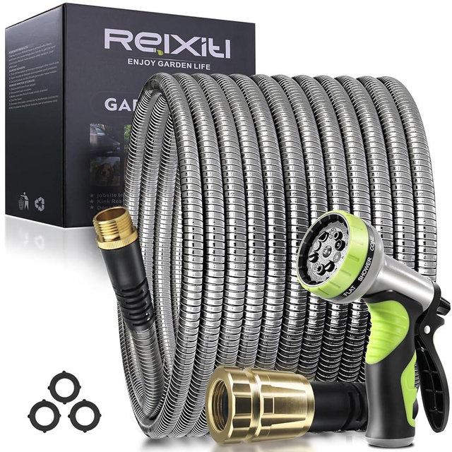50FT Metal Garden Hose - Stainless Steel, Heavy Duty, Flexible & Lightweight, Never Kink and Tangle, with 10-Function Nozzle, Pressure Resistant for Outdoor Use (Yellow)