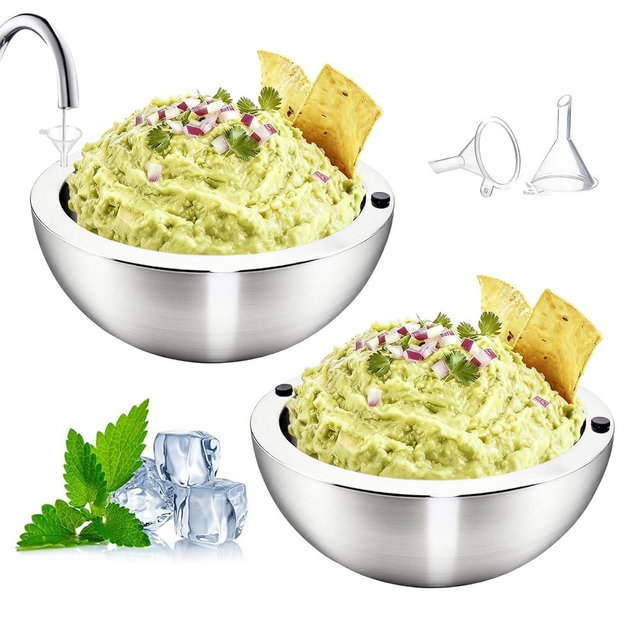 Amestar Dip Chiller Bowl 2 Pack- 35oz Large Capacity, Stainless Steel Insulated Party Ice Serving Bowl, Salad Pod for Parties Salsa, Guacamole, Condiments, Sauces, Food & Salad Hot or Cold