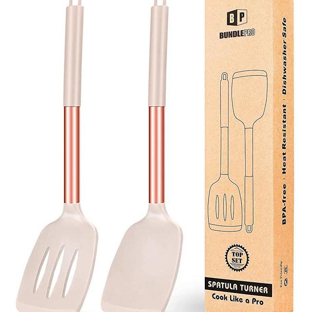 Pack of 2 Silicone Solid Turner ,Non Stick Slotted Kitchen Spatulas ,High Heat Resistant BPA Free Cooking Utensils ,Ideal Cookware for Fish ,Eggs ,Pancakes (ROSE GOLD KHAKI)