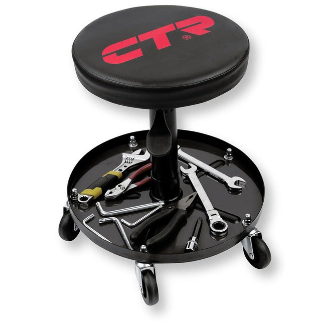 CTR Rolling Mechanic Shop Stool with Magnetic Tool Tray, Heavy Duty Work Stool, Adjustable Garage & Workbench Stool with Wheels, Creeper Seat Shop Chair