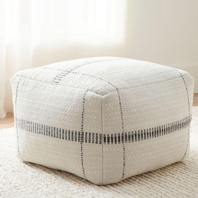 Mal Indoor/Outdoor Textured Pouf, 22" x 22" x 15", Ivory Multi