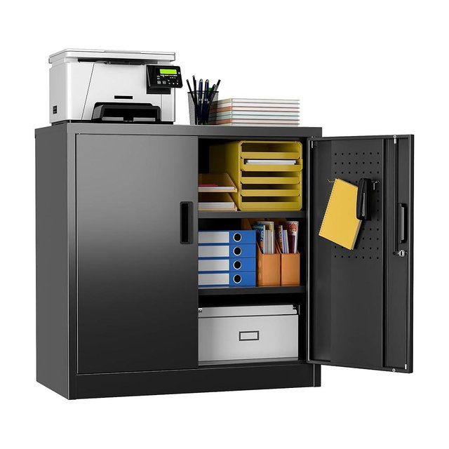 Aobabo 31.5" H Metal Storage Cabinet with 2 Shelves, Steel Lockable Cabinet with 4 Hooks for Home Office Garage, Black, Assembly Required