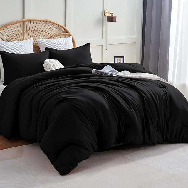 CozyLux Oversized King Comforter Set Black, 3 Pieces 120x98 Solid Breathable Quilted Style Bedding Sets All Season, Luxury Soft Down Alternative Comforter Bed Set (1 Comforter & 2 Pillowcases)
