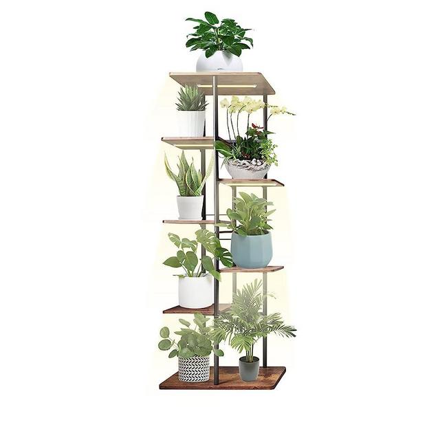 Solatmos Metal Plant Stand with Grow Lights Multiple Flower Planter Pot Holder Shelf Rack Display for Patio Garden Corner Balcony Living Room (7 Tier-8 Potted, Black wood with iron)