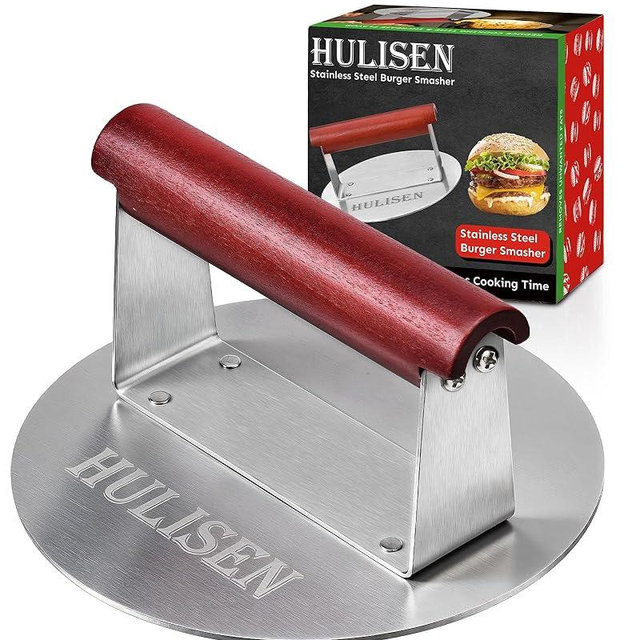 HULISEN 6.2" Stainless Steel Smashed Burger Press with Extra Wide Heat-Resistant Wood Handle, Burger Smasher for Flat Top Griddle, Grill, Skillet, Cast Iron Pan, Hamburger Cooking Accessories