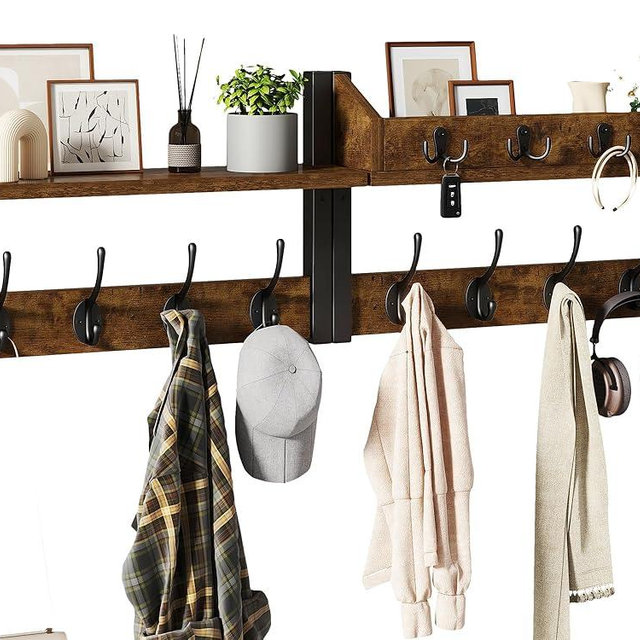 YMYNY 31.5" Coat Rack Wall Mount with Shelf, 4 in 1 Key and Coat Hanger with 12 Metal Hooks, Wall Shelf with Hooks & Mail Holder for Living Room, Bedroom, Rustic Brown, HWS007H-2