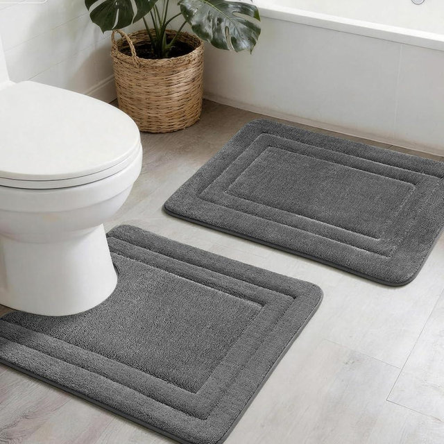 YIHOUSE Bathroom Rugs Sets 2 Piece, Towel-Like Soft Absorbent Thick High Density Memory Foam Bath Mat Set, Non-Slip Machine Washable Bath Rugs for Bathroom, Tub & Shower (24"x17"+24"x20"U, Dark Grey)