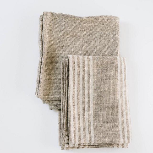 White Stripe and Natural Linen Hand Towel - Set of 2