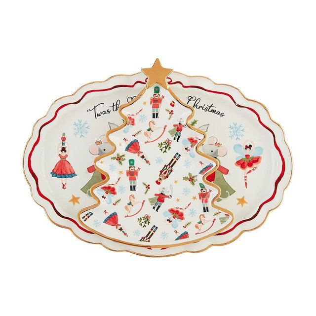 Mud Pie Christmas Nested PLATTERS & Trays, tree 9 1/2" x 8" | oblong 9 1/2" x 13 3/4", WHITE