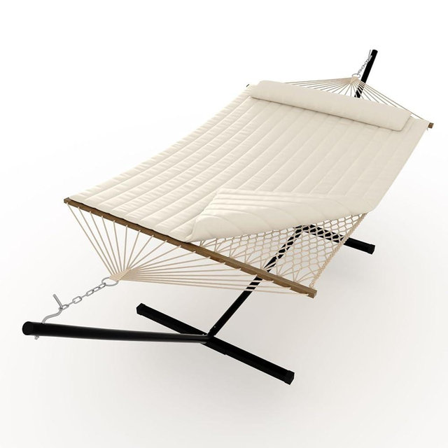 ​​2 Person Hammock with Heavy Duty 500Lb Capacity Stand - Portable Cotton Rope Hammock & Quilted Comfort Pad - Relax Together Indoor or Outdoor (Beige)​