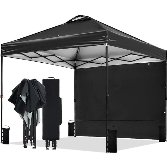 Tunbne 10'x10' Pop Up Canopy Tent with Sidewall Vented Roof, Instant Shade Canopy for Parties Beach Outdoor, One Push Easy Setup with Wheeled Frame, Storage Case, 8 Stakes, 4 Ropes, 4 Sandbags (Black)