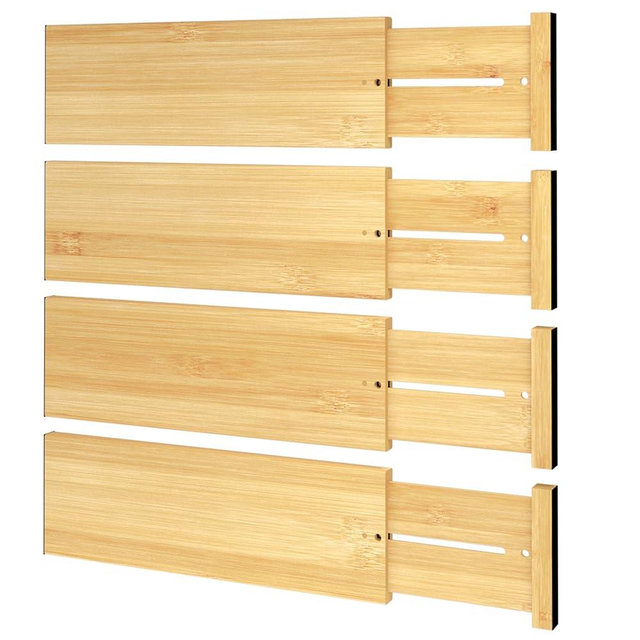 BAMEOS 4 PCS Bamboo Drawer Divider Adjustable Drawer Dividers Kitchen Drawer Organization Utensil Organizers for Kitchen Dresser Bathroom Bedroom and Office