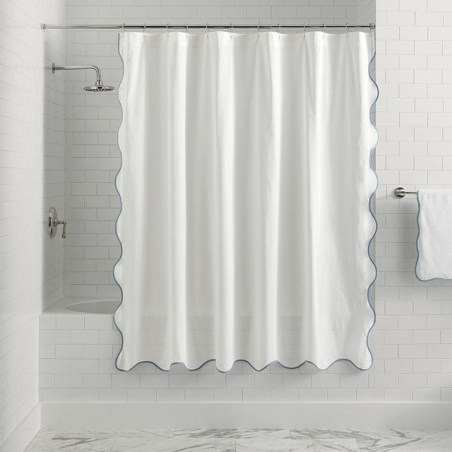 Scalloped Shower Curtain, 72", White/Chambray