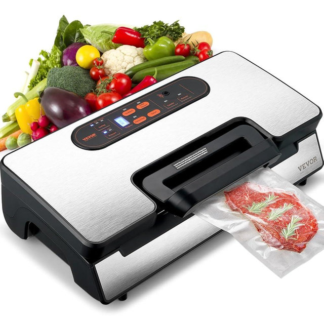 VEVOR Vacuum Sealer Machine, Food Sealer Machine，Dry and Moist Food Storage, Automatic and Manual Air Sealing System with Built-in Cutter, with Seal Bag， External Hose 90Kpa 130W Powerful Dual Pump
