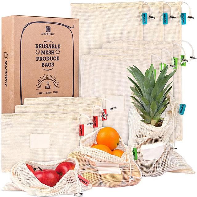 Maperkit Reusable Mesh Produce Bags Grocery Reusable 10 Pack - Netzero Reusable Produce Bags Washable with Drawstring - Biodegradable Organic Cotton Mesh Bags for Vegetables and Storage