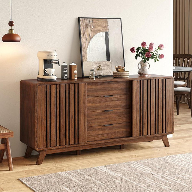 ONBRILL Sideboard Buffet Cabinet with Storage, Fluted Buffet Cabinet with Sliding Doors & 4 Drawers, Mid Century Modern Coffee Bar Wine Bar Credenza for Living Room, Kitchen (Walnut)