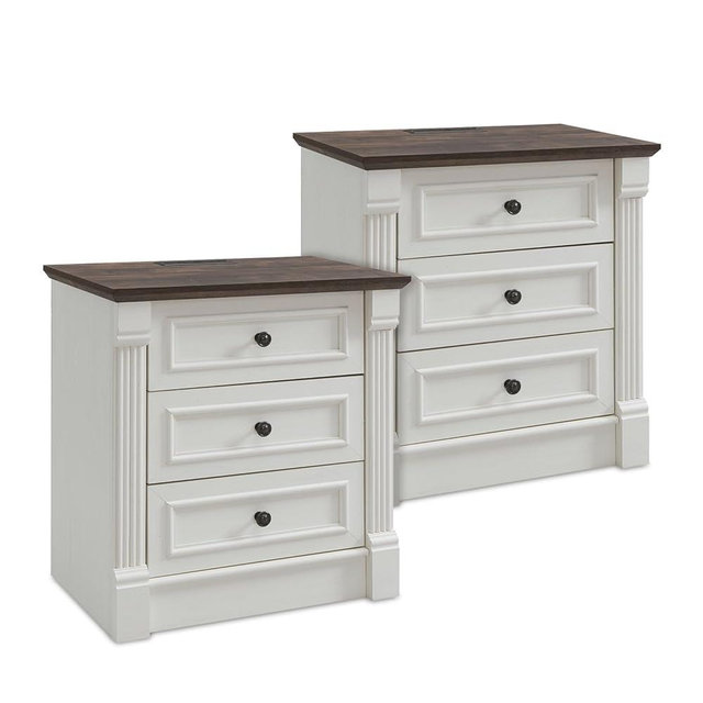 Aitjunz 26" Tall Farmhouse Nightstand Set of 2, 3 Drawers End Table w/Charging Station, 23.6" Wide Large Side Table w/Roman Column, Wood Rustic Bedside cabinets for Bedroom, Living Room, White