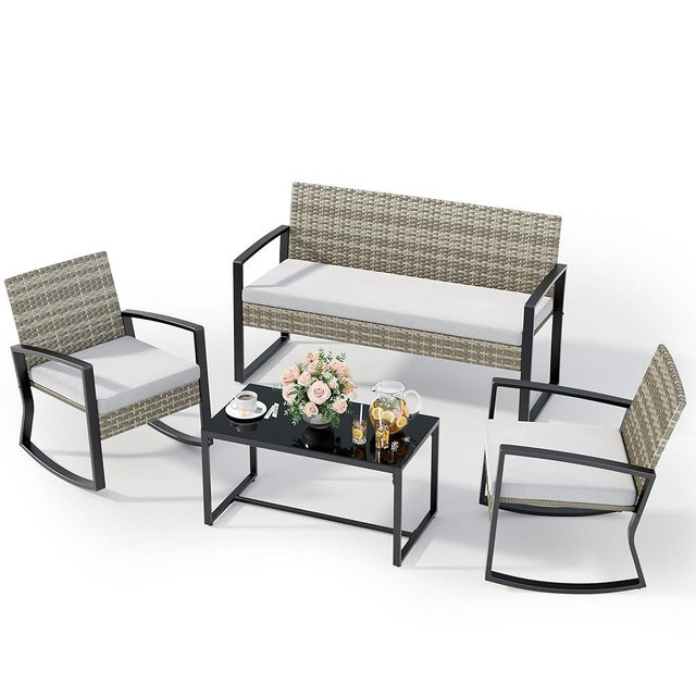 Ahomly 4 Piece Patio Furniture Set, Outdoor Wicker Patio Furniture with Glass Coffee Table, Rocking Patio Wicker Bistro Set, for Porch, Garden, Lawn (Light Grey)