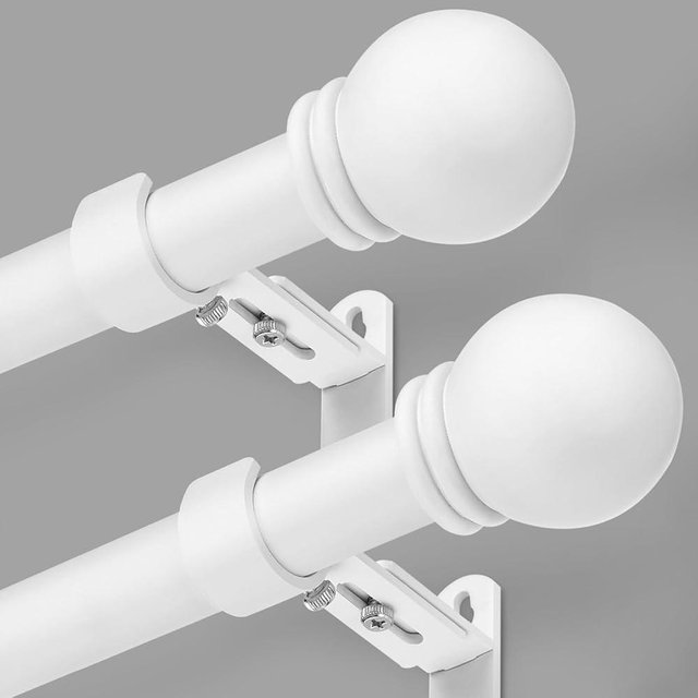 AMZSEVEN Curtain Rods for Windows 16 to 120 Inches, Curtain Rod Max Adjustable Length of 132 IN, 1" Diameter Drapery Rods Round Finials, White, Pack of 2