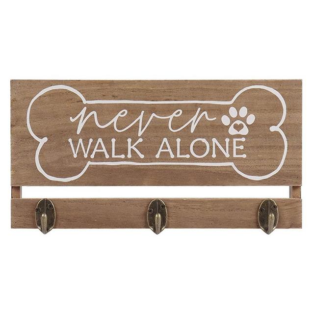 Hanna Roberts Decorative Key Holder & Dog Leash Hook Wall Mount for Entry Way, Kitchen, Mudroom, Never Walk Alone Print Triple Hook, 12" x 2" x 6"