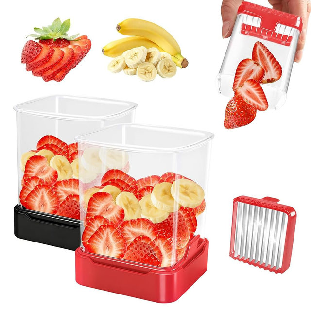 2 Pack Fruit Slicer Cup for Strawberry, Banana, Hard-Boiled Egg - Detachable Cutter with Push Plate - Rapid & Safe Slicing Kitchen Gadget for Quick Meal Prep(Black + Red)