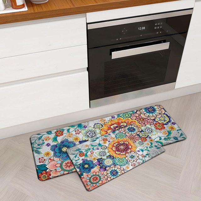 tubeamin Floral Kitchen Rugs Mats for Floor 2 Piece Flowers Anti Fatigue Kitchen Mats Non Slip Cushioned Comfort Standing Mat for Sink, Office, Laundry, 17.3x28+17.3x47 Inch