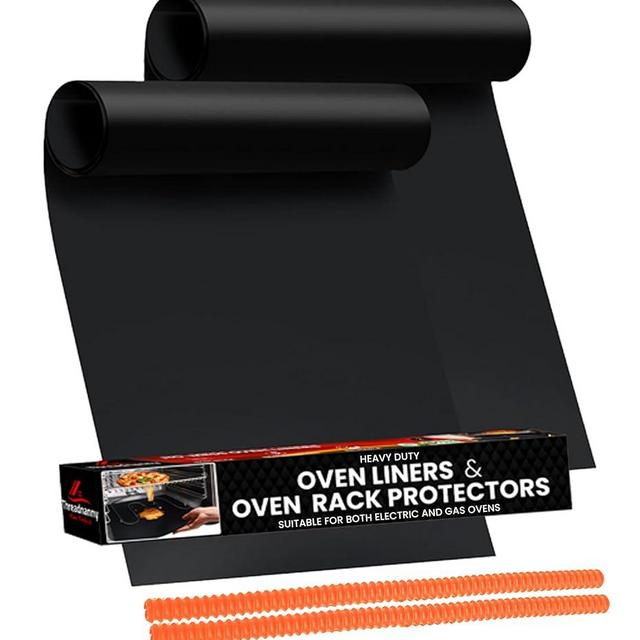 Oven Liners for Bottom of Oven Black (2-pack) Bundled with Rack Shield (2-pack) - Large Mat for Bottom of Range (17"x 25") and 22" Orange Stove Guards for Racks - Reusable & Heat Resistant