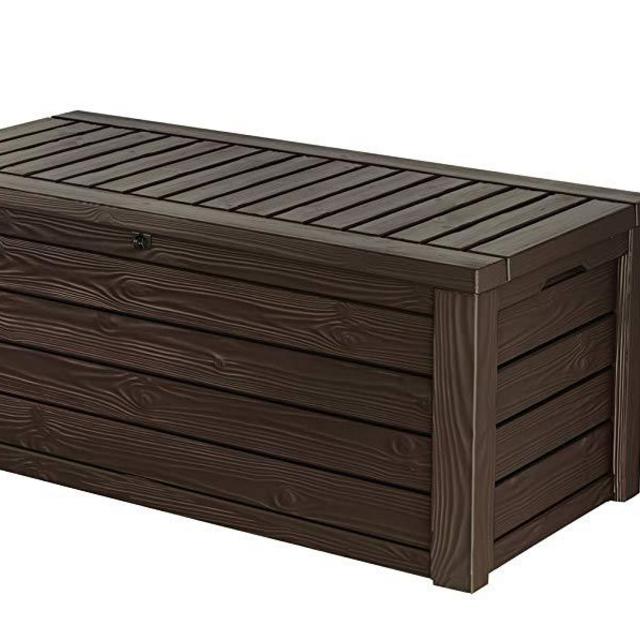 Keter Westwood Plastic Deck Storage Container Box Outdoor Patio Garden Furniture 150 Gal, Brown