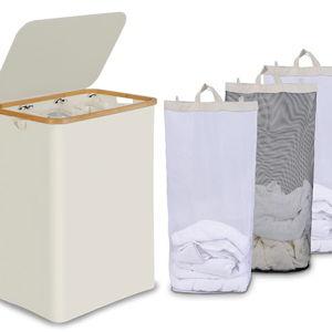 efluky Laundry Hamper with Lid, Trio Laundry Basket with 2 Removable Bags, 3 Section Laundry Bin with Bamboo Handles for Bathroom, Bedroom & Laundry Room, 160L (42.3 Gallon) Beige