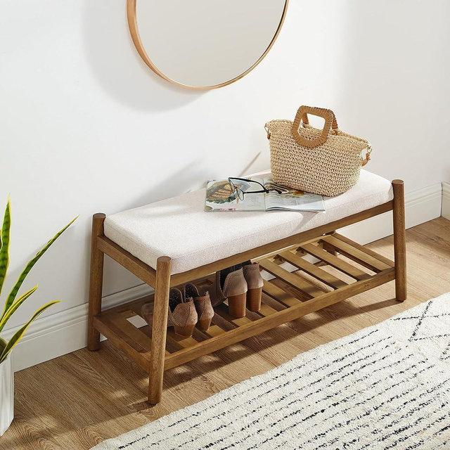 ECLYL Shoe Rack Storage Bench - Bamboo Shoe Shelf with Cushioned Seat and Organizer Compartment, Upholstered Bench for Closet, Entryway, Hallway, Bedroom, Wood Frame Brown Paint (Beige)