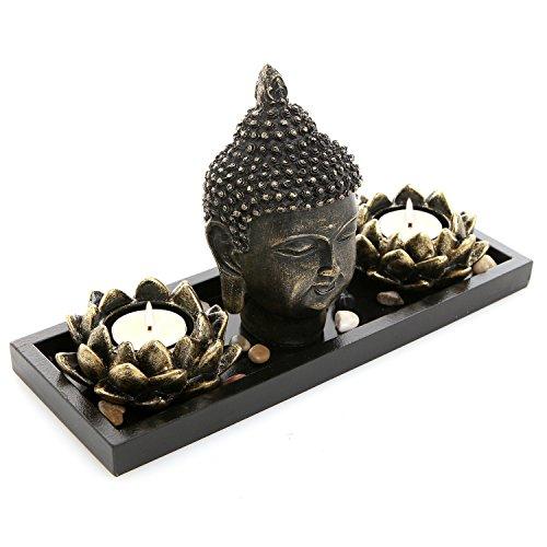 MyGift Buddha Head Sculpture Zen Garden Set w/Lotus Tealight Candle Holders & Wooden Display Tray, Black