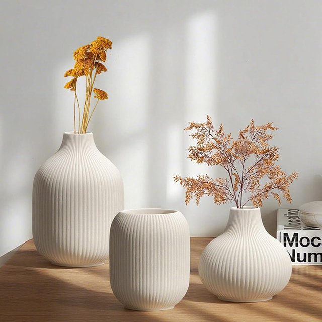 TrendEcoHome White Ceramic Vases Set of 3, Modern Minimalist Ribbed Vases for Centerpiece, Home Office Shelf Decor, Farmhouse Kitchen Bathroom Bedroom Living Room Decor
