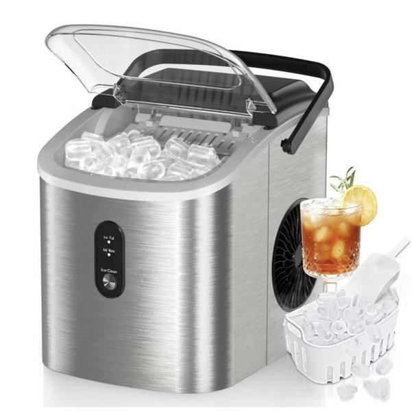Simzlife Countertop Ice Maker, 26.5 Lbs/Day, Stainless Steel, 9 Bullet Ice in 6 Mins, Auto-Cleaning, Portable Ice Machine with 13 Lbs Capacity, Silver - silver