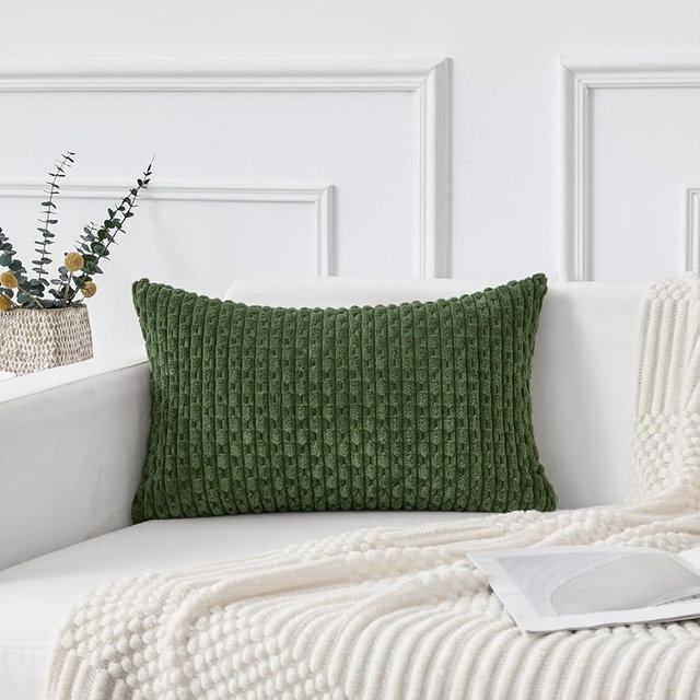 Kevin Textile Spring 14x22 Inch Pillow Cover 1 Pack Boho Decorative Soft Striped Corduroy Lumbar Farmhouse Solid Color Accent Rectangle Cushion Case for Living Room Couch Sofa Bed, Moss Green