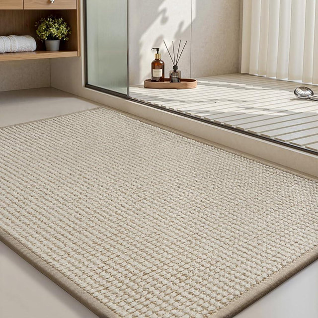 MontVoo Bath Mat,Chenille Absorbent Bathroom Mat Quick Dry Rubber Backed Bathroom Rugs Non Slip Washable Bath Mats,Ultra Thin Bathroom Rugs Fit Under Door,17"x24",Beige